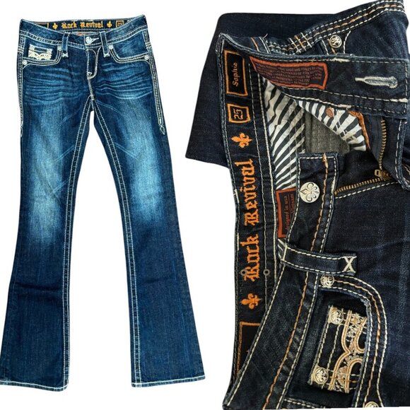 ROCK REVIVAL  SOPHIA BOOT‎ CUT DARK WASH FLEUR RHINESTONE JEANS SZ. 25" EUC - Picture 3 of 6
